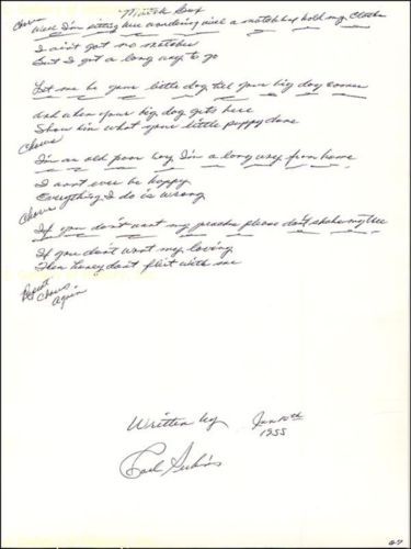 CARL PERKINS   AUTOGRAPH LYRICS SIGNED 06/10/1955  