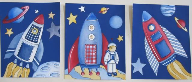 SPACE PLANETS ROCKETS STARS SPACESHIP KIDS CHILDREN ART  