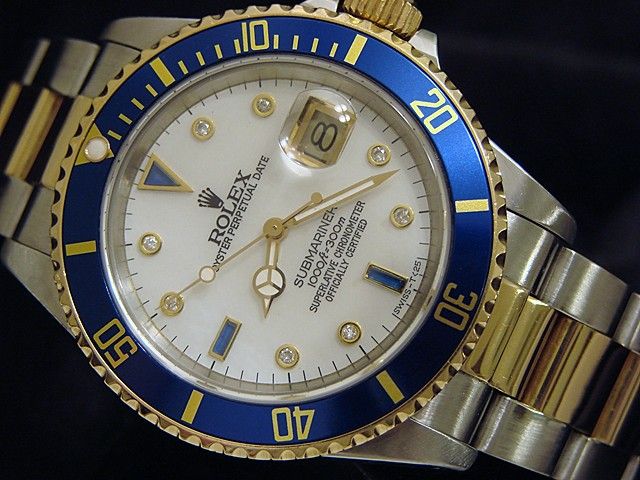 MENS ROLEX 2TONE 18K GOLD/SS SUBMARINER DATE MOP SERTI  