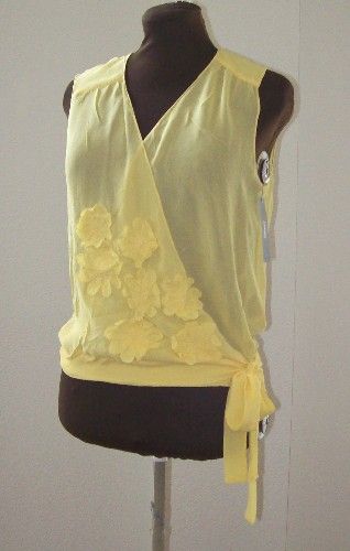 DKNY TOP DESIGNER YELLOW FLORAL APPLIQUE SILK WRAP BLOUSE SIZE 8 ORIG 