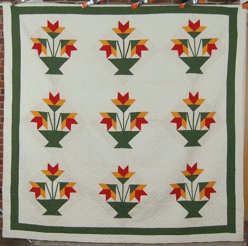 1870s Red, Green & Cheddar Carolina Lily Antique Quilt  