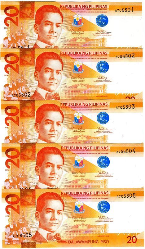 LOT, Philippines, 5 x 20 Piso, 2010 (2011), P New, UNC  