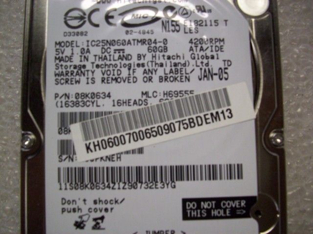 Hitachi 60GB IDE Laptop Hard Drive HDD IC25N060ATMR04​​ 0 TESTED 