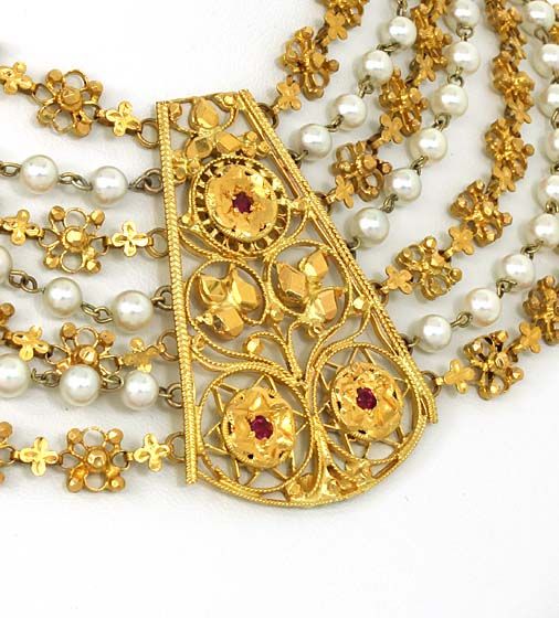 OPULENT VINTAGE 20K GOLD, RUBIES & PEARLS WIDE NECKLACE  