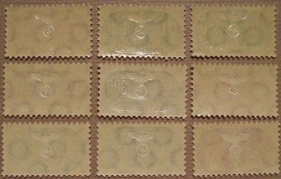 WW2 NAZI Germany NSDAP Insurance Revenue Stamps SET of 9 ALL w 