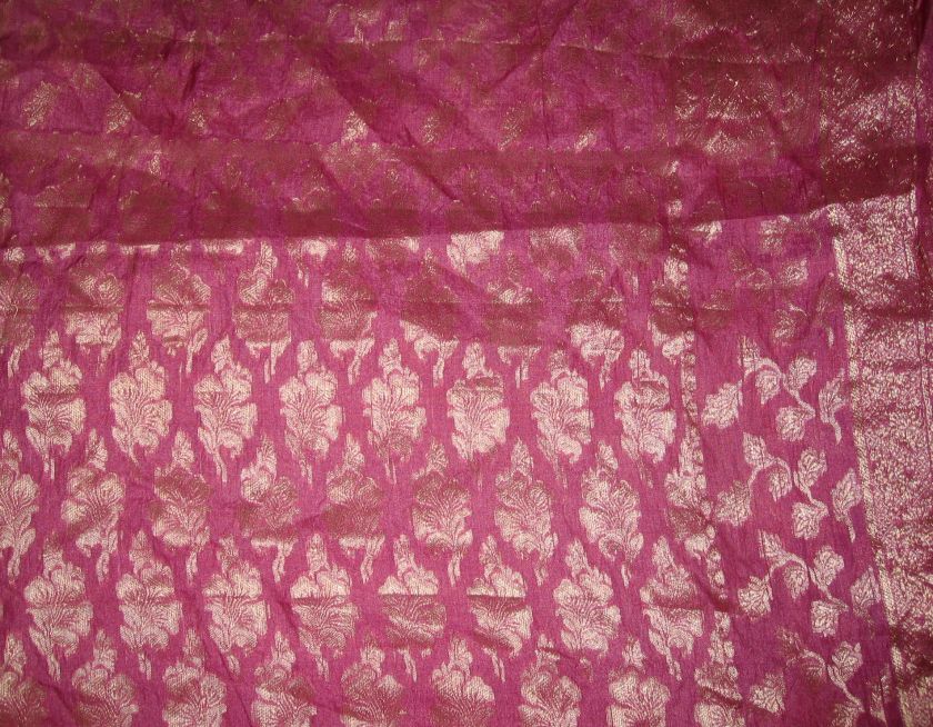 Pure silk Antique Vintage Sari Fabric 4y cream magenta #002WN  