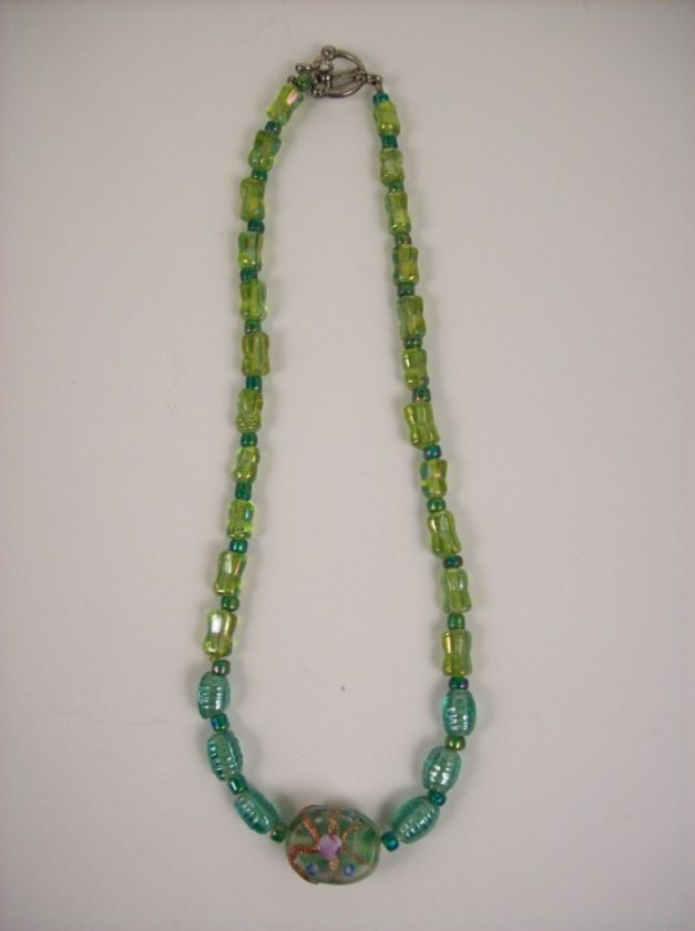 Vintage Glass Bead Necklace with Hand Painted Center Bead 15  