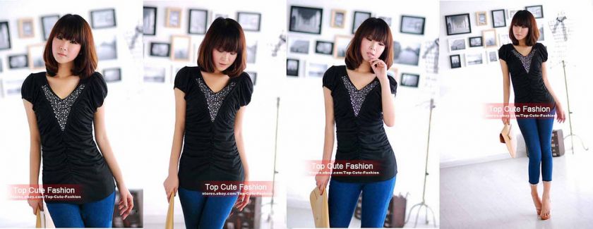 Rhinestone V Neck Pleated T Shirt Tops 2 Color #3211516  
