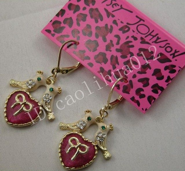 Betsey Johnson Ping Heart Love Birds Earrings  