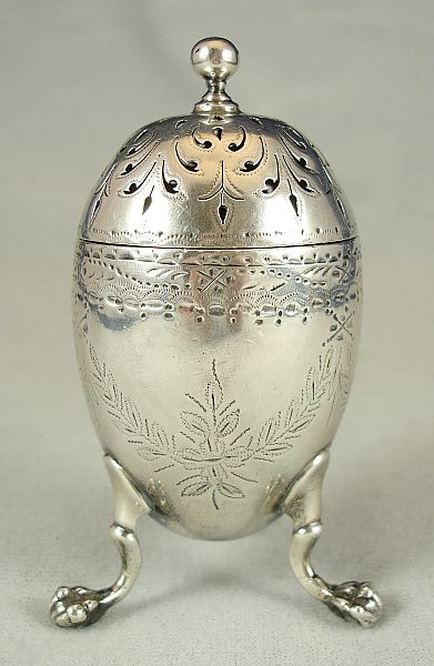 ENGLISH STERLING SILVER FIGURAL EGG PEPPERETTE PEPPER POT 1867 