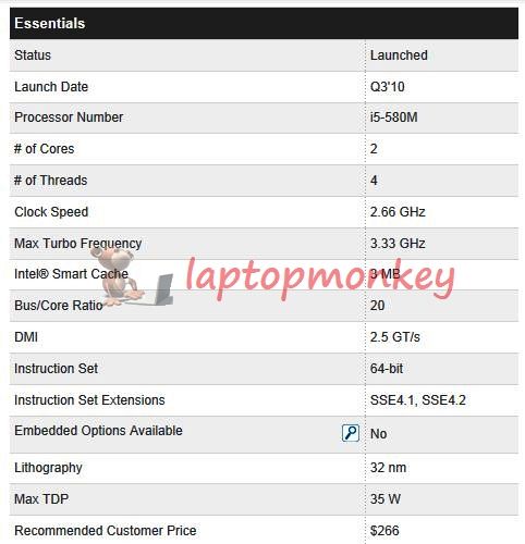 INTEL mobile i5 580M 3.33GHZ 3M Q4QG fasterthan 540M  