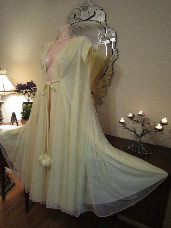 Vintage Lucie Ann Robe Peignoir or Gown Nightgown RARE Pom Pom Chiffon 