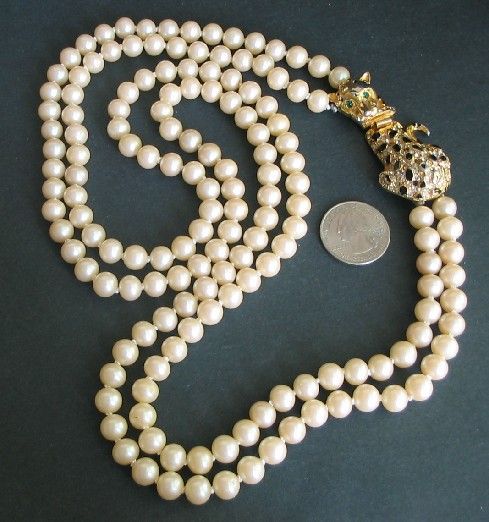 Vtg DVF Rhinestone Leopard Necklace 2 Strand Fx Pearl Diane Von 