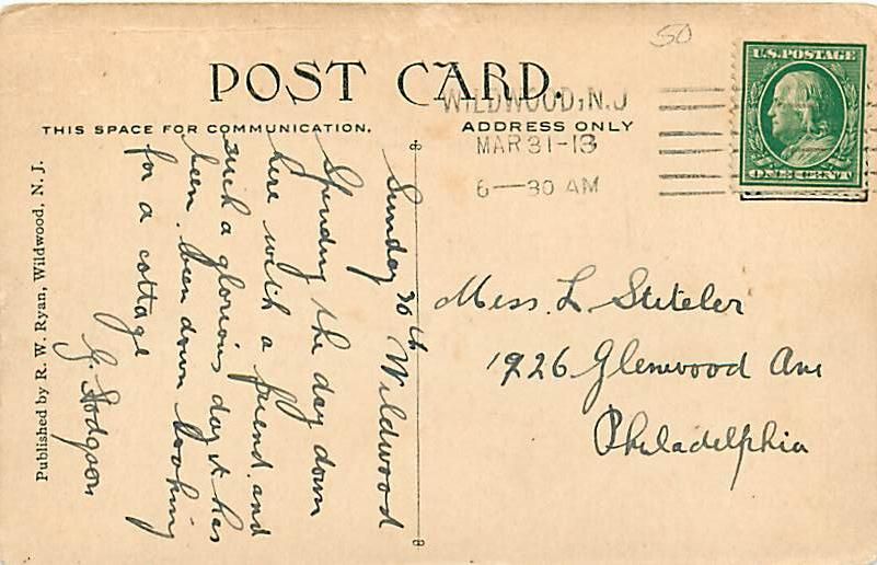 NJ WILDWOOD HOTEL SHELDON MAILED 1913 VERY EARLY T4599  