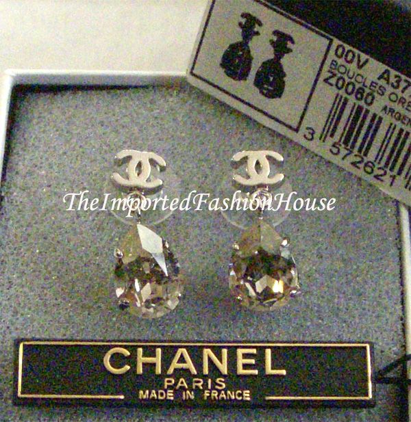 AUTHENTIC CHANEL CRYSTAL TEAR PEAR DROP CC LOGO DANGLE SILVER EARRINGS 