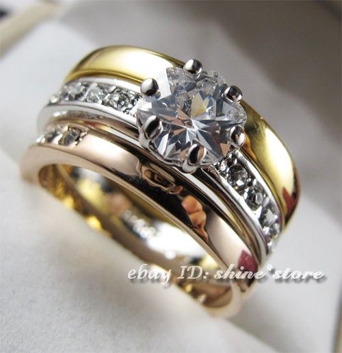 YELLOW & WHITE & ROSE GOLD GF R75 WEDDING SWAROVSKI SOLID LADIES RING 