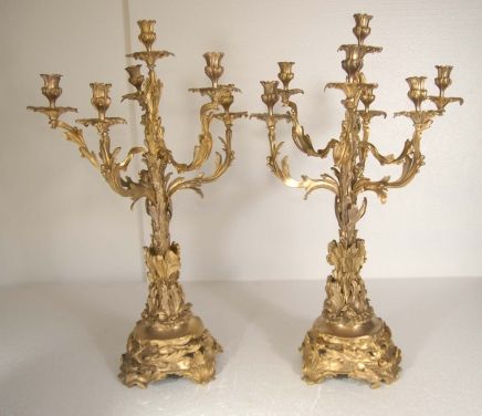 PAIR ITALIAN ROCOCO ORMOLU BRONZE CANDELABRAS  