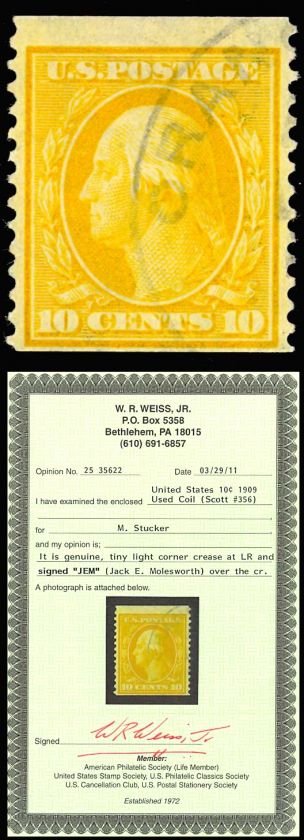 356, RARE GENUINE USED 10c COIL VF+ App W/CERT *  