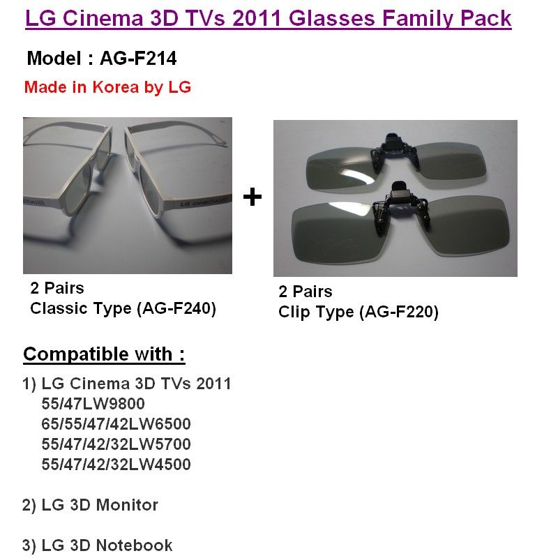 New LG Cinema 3D TV 2011 Glasses Family Pack AG F214 4 Pairs (AG F240 