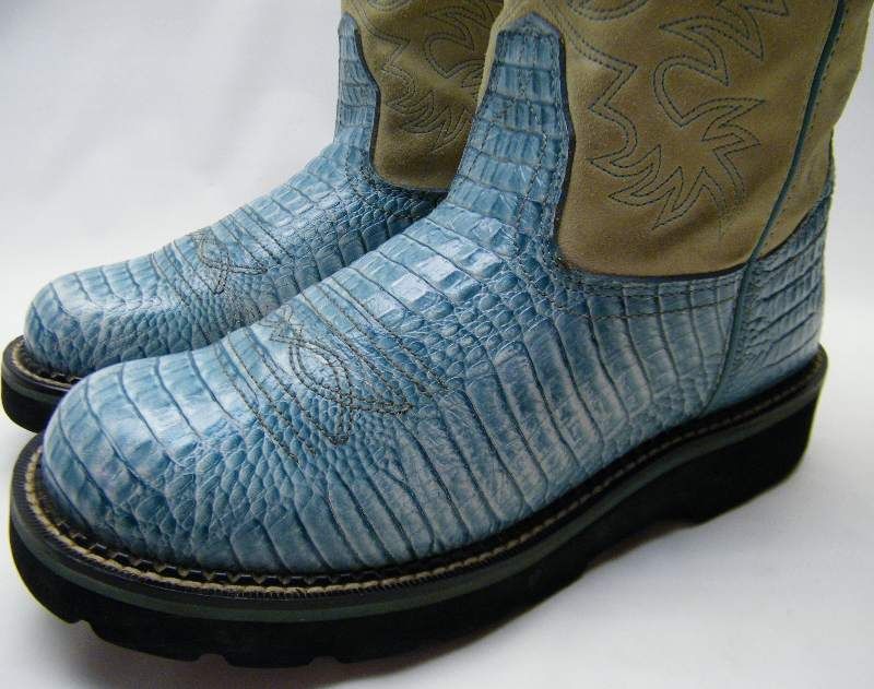   BABY BLUE GATOR PRINT LEATHER COWBOY WESTERN BOOTS SZ 10B 10 B  