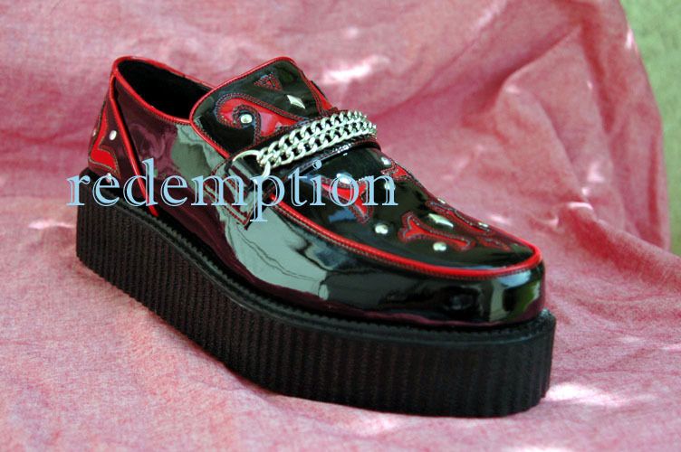 Demonia Vegan Black/Red Chained Creepers Creeper Shoes Rockabilly 