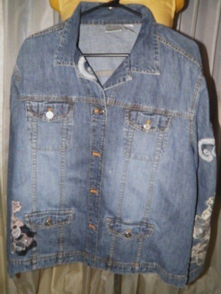 Chicos sz 3 Blue ACID WASHED Lace accent long sleeve denim jean 