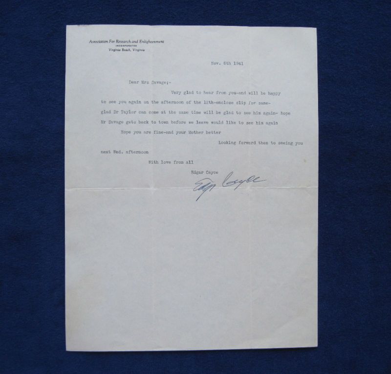 ORIGINAL TYPED LETTER SIGNED by PSYCHIC EDGAR CAYCE  