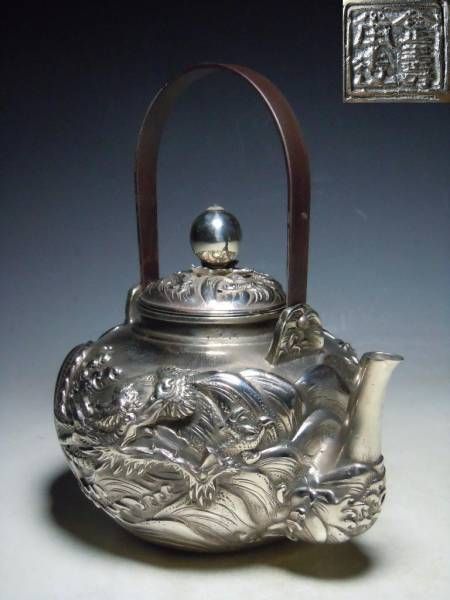 STERLING SILVER Japan Tetsubin Chagama Tea Ceremony Pot DRAGON Wave 