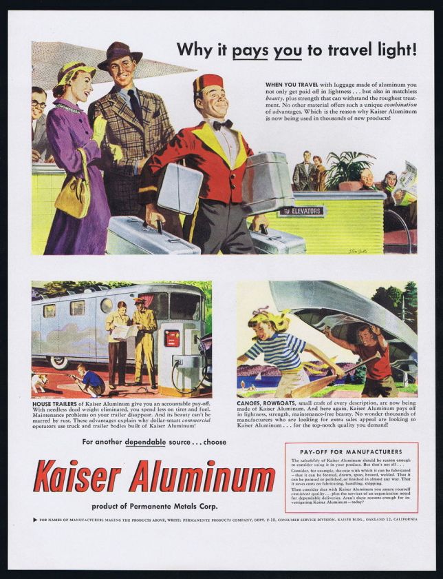 1948 Kaiser Aluminum Travel Light Luggage Trailer Canoe Print Ad 