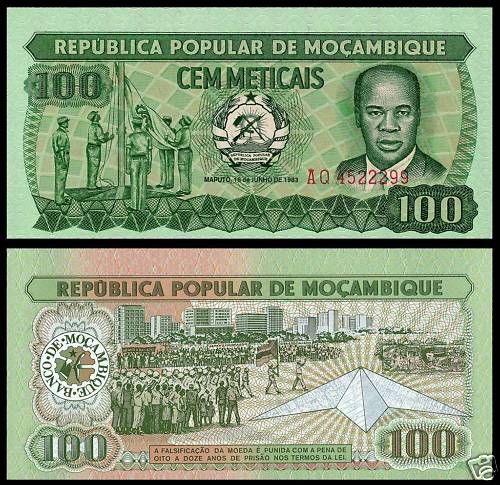 Mozambique P 130 100 Meticais Year 1983 Unc. Banknote  