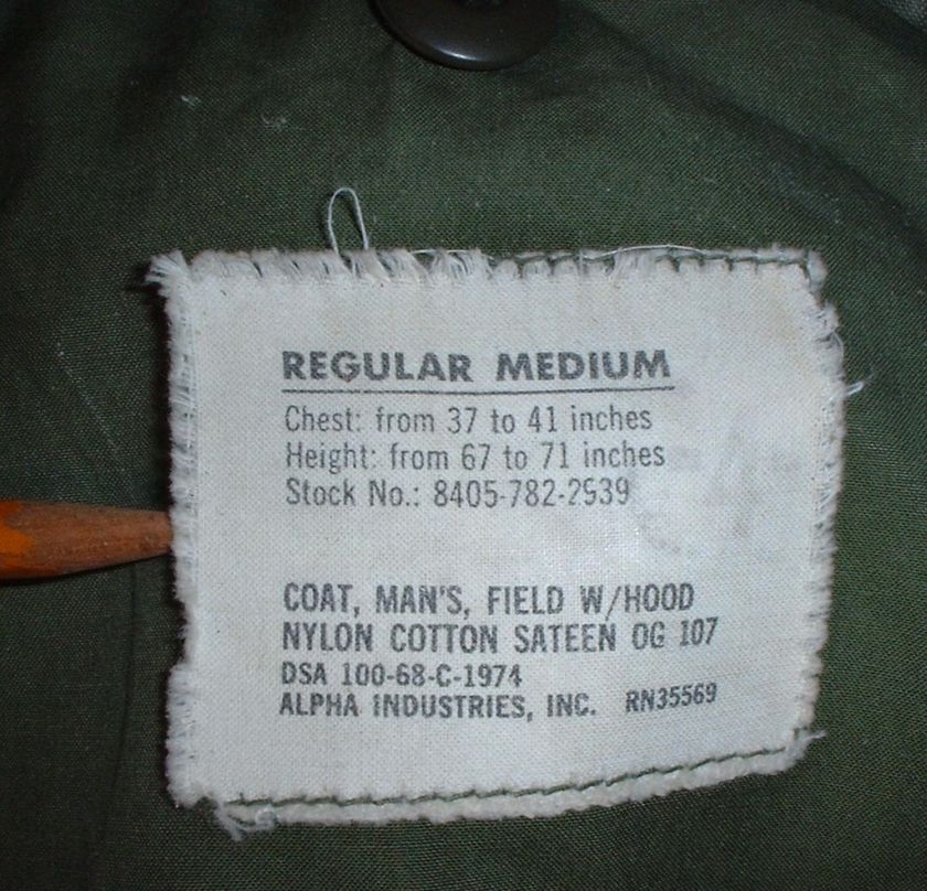 US Army M 65 Field Jacket Med Reg 1968 Alpha NICE  