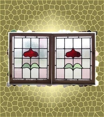   of Antique Stained Glass Windows Five color Ruby Red Tulips  