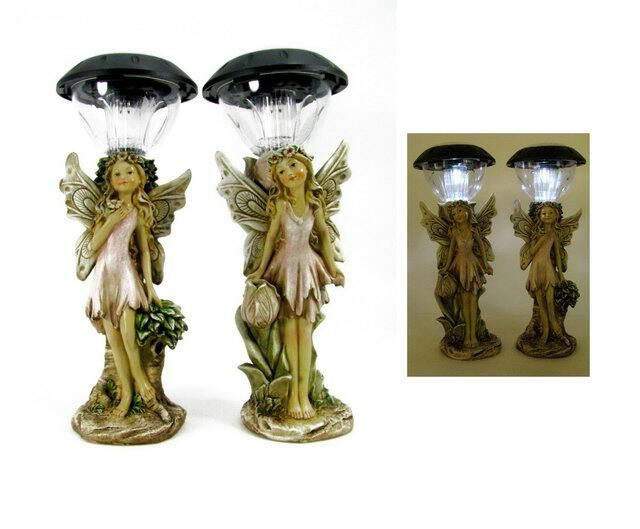 FAIRY BY COLUMN GARDEN SOLAR LIGHT STATUE CHOICE OF 2  