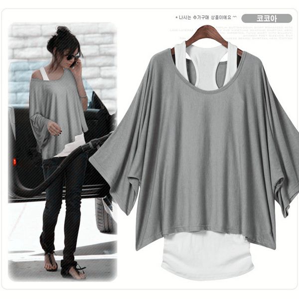 Womens 2 PCS Loose Batwing Tops BOHO Blouse Shirt 10 12  