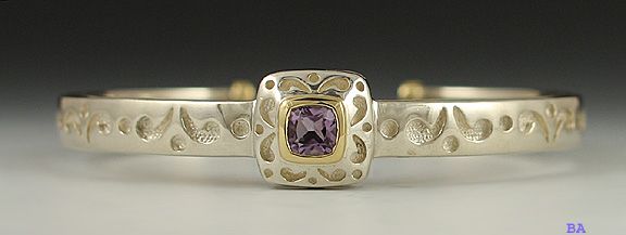 18K GOLD & STERLING SILVER AMETHYST BANGLE BRACELET  