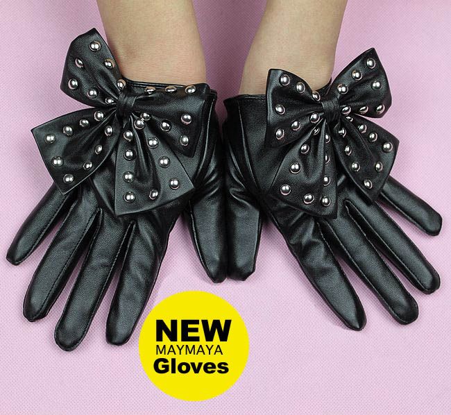 New Black Brown Rivets Butterfly Fashion Leather Gloves LADY GAGA 