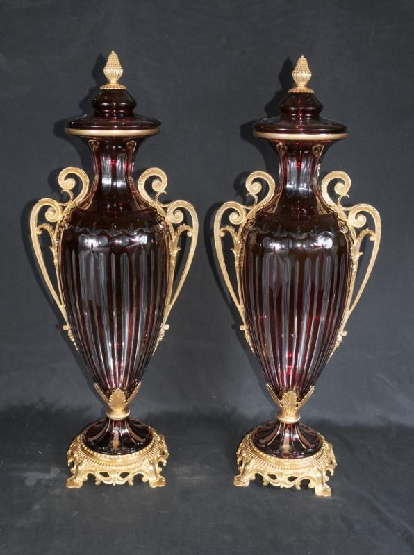 Pair French Empire Crystal Cut Glass Vases Urns  