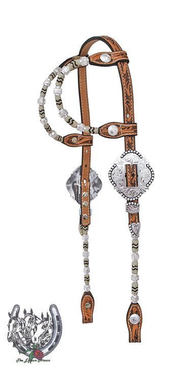 Alamo Double Ear Silver Ferrule & Rawhide Braided Show Headstall 