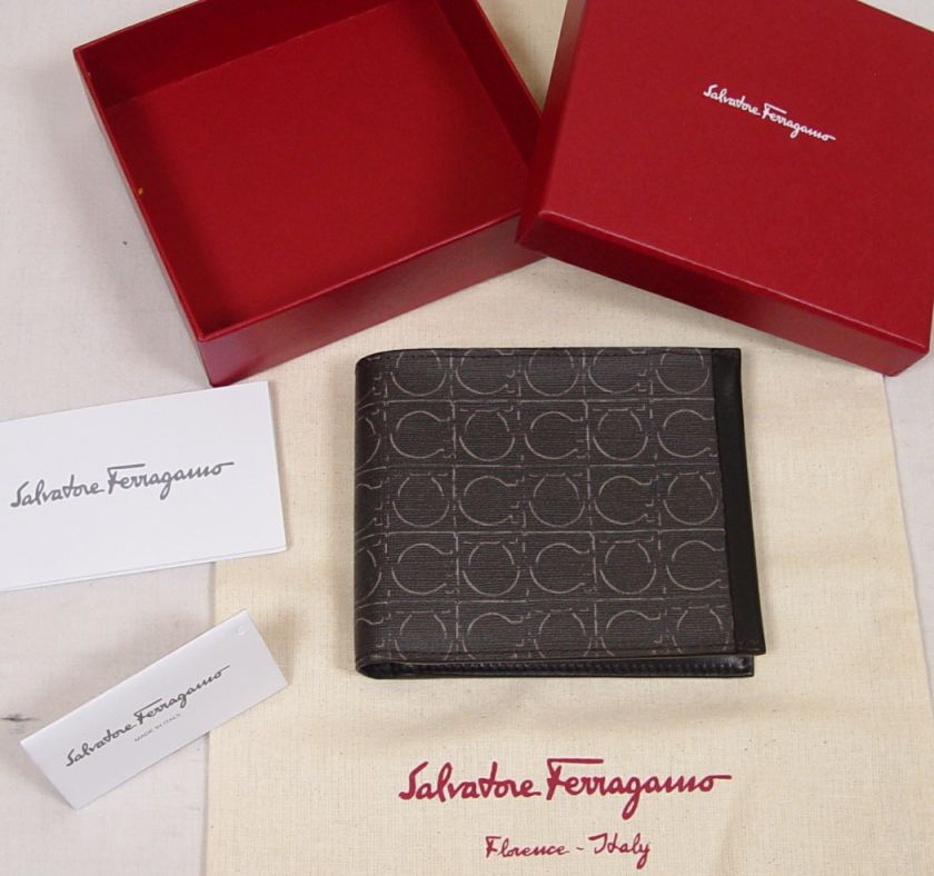 SALVATORE FERRAGAMO WALLET $295 DARK BROWN LOGO GANCINI CALFSKIN 