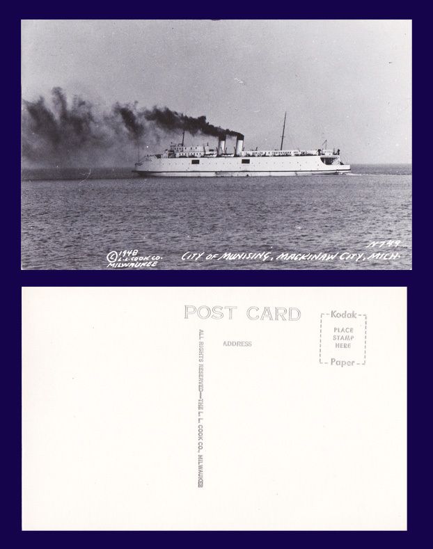   MUNISING FERRY MACKINAW CITY MICHIGAN L.L. COOK REAL PHOTO 1948  