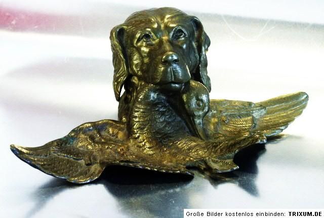 BLACK FOREST HUNTING DOG DESK SET BRONZE INKWELL  