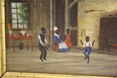 19C BLACK AMERICANA PAINTING INTERIOR CABIN SCENE PEOPLE DANCING 