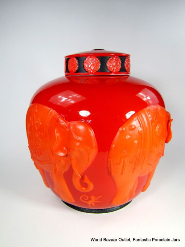   large Coral Orange ginger Jar Jean Boggio Franz Porcelain  