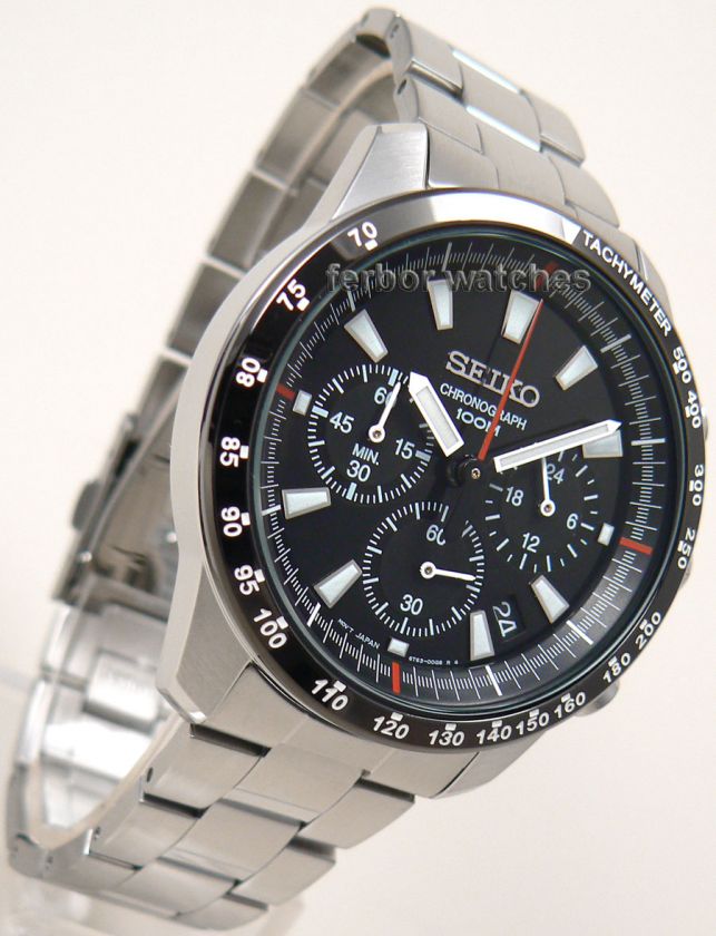 SEIKO CHRONO TACHY BLACK BEZEL DATE STAINLESS STEEL BAND 100m SSB031 