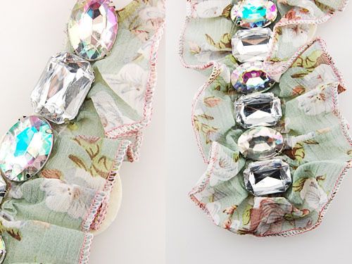 Aurora Boreal Crystal Gem Bead Country Vintage Ruffle Fabric Flower 