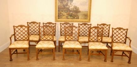 10 HAND CARVED MAHOGANY GOTHIC CHIPPENDALE DINING CHAIRS ENGLISH