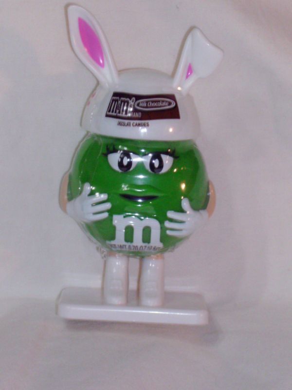 GREEN M&M MINI FIGURINE DISPENSER WITH HAT & BUNNY EARS  