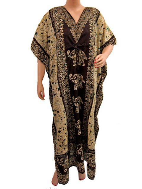   Brown Elephant Printed Kaftan Kimono Sleeves Satin Crepe Caftan  