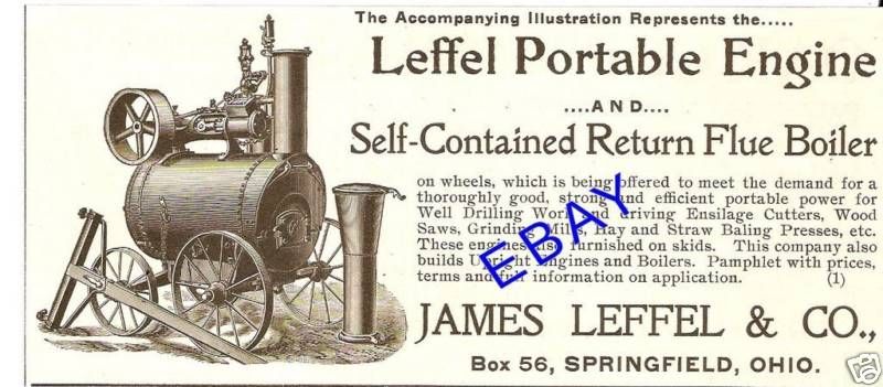 NEAT 1900 JAMES LEFFEL PORTABLE STEAM ENGINE AD BOILER  