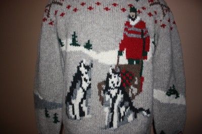   MED VINTAGE SWEATER SKI DOGS SLED WOOL HAND KNIT VTG SNOW  